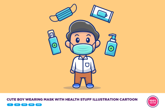 Cute Boy Wearing Mask with Health Stuff Graphics