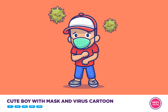 Cute Boy with Mask and Virus Cartoon Graphics