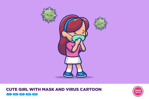 Cute Girl with Mask and Virus Cartoon Graphics