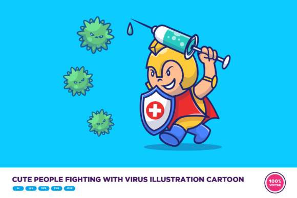 Cute People Fighting with Virus Cartoon Graphics and Illustrations