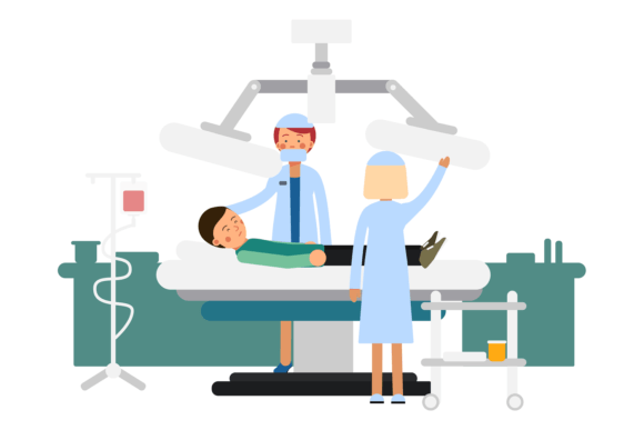 Doctors Looking at Patient Lying at Hosp Graphics