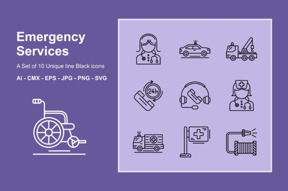 Emergency Services Line Black Icon Set: Graphics and Icons for Editorial Use