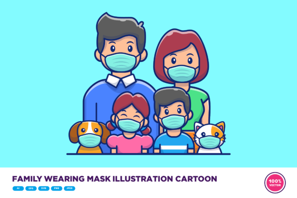 Family Wearing Mask Illustration Cartoon Graphics