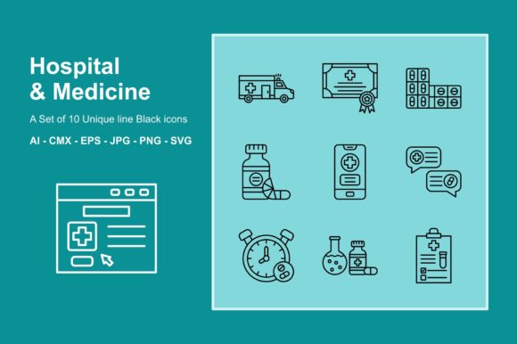 Hospital and Medicine Line Icon Set