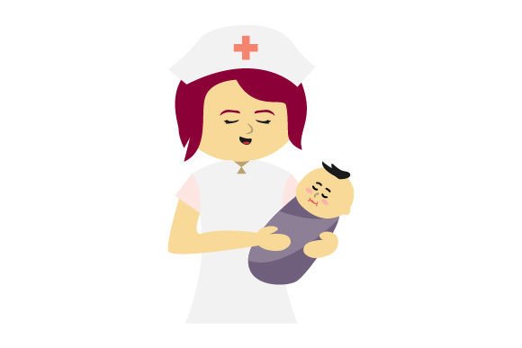 Traditional Nurse Holding a Cute Chubby Baby Boy, Cartoon